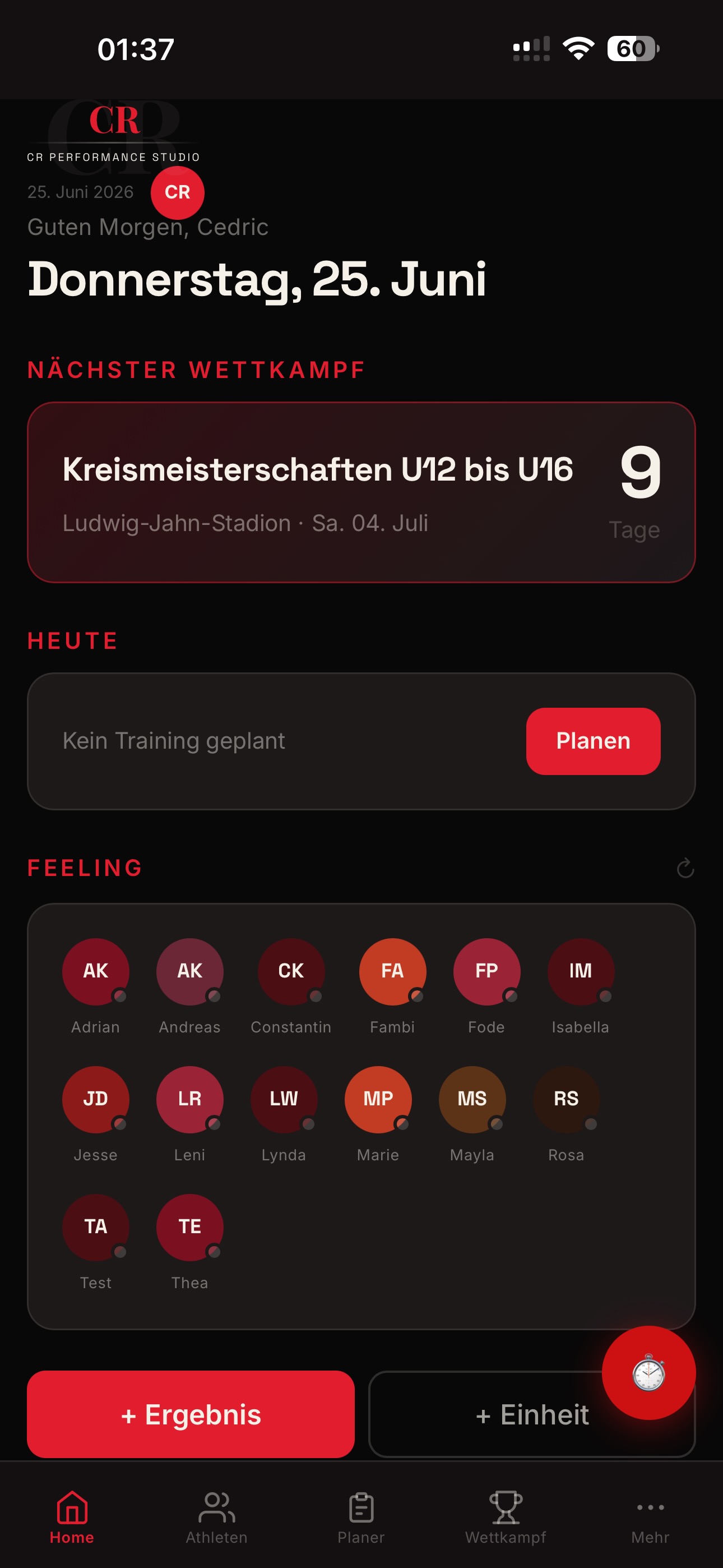 CR Performance Studio am Smartphone: Tagesübersicht mit nächstem Wettkampf und Feeling-Monitoring der Gruppe.